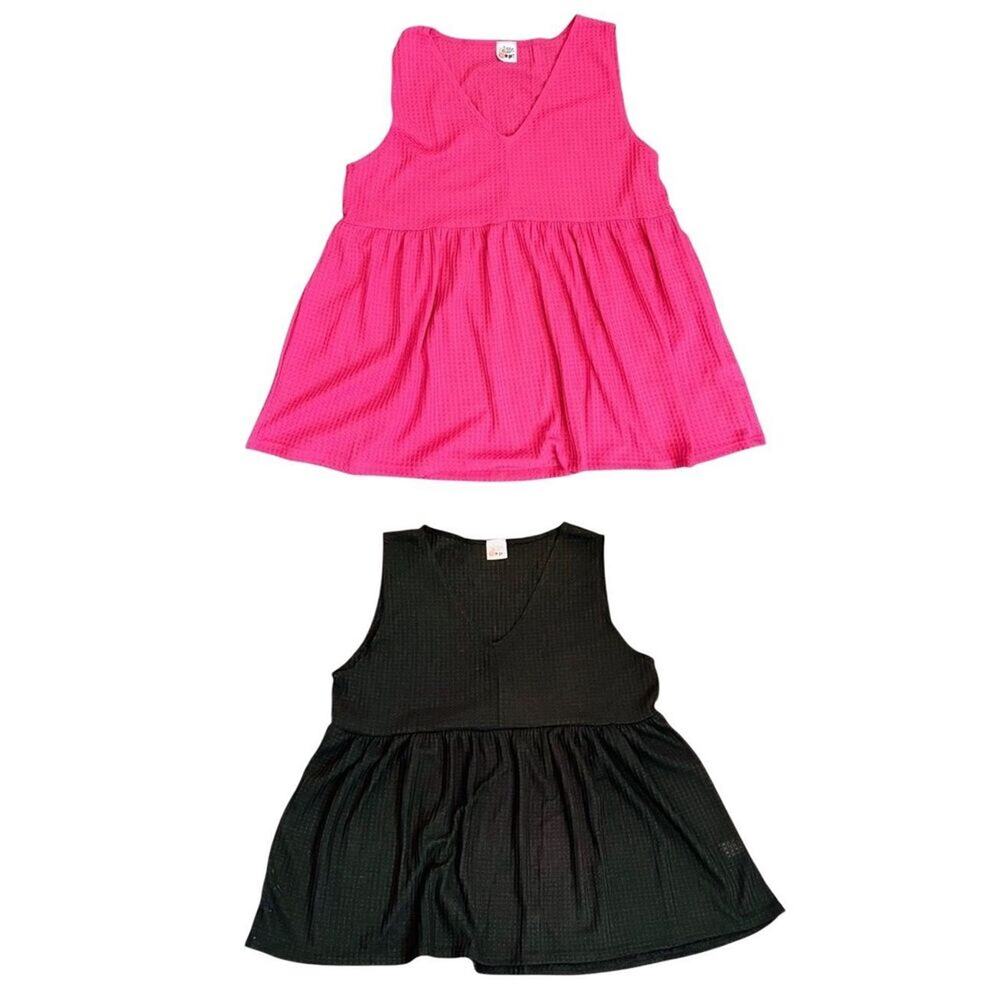 Zig Zag Stripe Black Pink Waffle (2) Sleeveless Babydoll Top 2XL‎ NWOT Plus Size